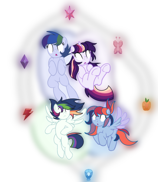 Size: 1776x2040 | Tagged: safe, artist:thesmall-artist, derpibooru import, oc, oc:celestial moon, oc:magic flight, oc:shooting star (bronyponyyy2340), oc:sparkle dash, unofficial characters only, pegasus, pony, unicorn, female, glowing eyes, magical lesbian spawn, male, mare, offspring, parent:rainbow dash, parent:twilight sparkle, parents:twidash, simple background, stallion, transparent background