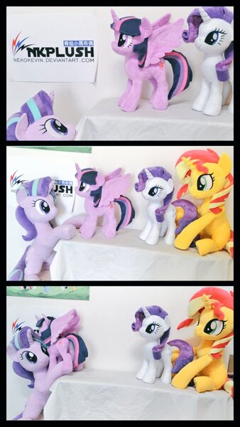 Size: 576x1024 | Tagged: safe, artist:nekokevin, derpibooru import, rarity, starlight glimmer, sunset shimmer, twilight sparkle, twilight sparkle (alicorn), alicorn, pony, unicorn, series:nekokevin's glimmy, cute, female, glimmerbetes, grabbing, holding, holding a pony, irl, kidnapped, looking up, mare, photo, plushie, raribetes, shimmerbetes, sitting, size difference, smiling, twiabetes, underhoof
