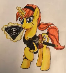 Size: 855x935 | Tagged: safe, artist:bozzerkazooers, derpibooru import, ponified, pony, april o'neil, solo, sword, teenage mutant ninja turtles, tmnt 2012, traditional art, weapon