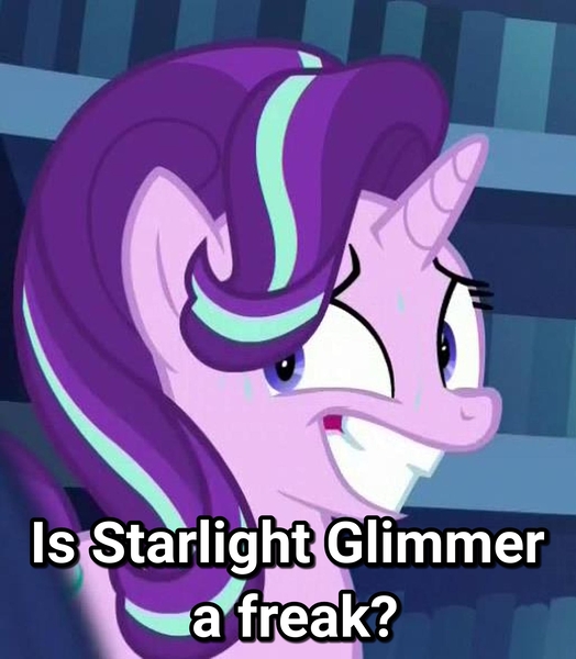 Size: 1575x1802 | Tagged: safe, derpibooru import, edit, edited screencap, screencap, starlight glimmer, unicorn, the crystalling, are equestrian ponies equine?, caption, cropped, faic, freak, image macro, meme, meme origin, nervous, question, sweat, text, xenos