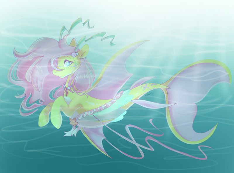 Size: 1200x887 | Tagged: artist:kipaki, derpibooru import, female, fluttershy, mare, merpony, safe, seaponified, seapony fluttershy, seapony (g4), solo, species swap, underwater, watershy