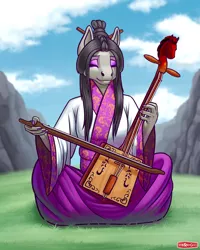 Size: 1536x1920 | Tagged: safe, artist:wwredgrave, derpibooru import, octavia melody, anthro, earth pony, asian, bow (instrument), clothes, dress, eyes closed, female, image, jpeg, makeup, mongol, mongolian, morinkhuur, musical instrument, nail polish, playing, playing instrument, sitting, solo