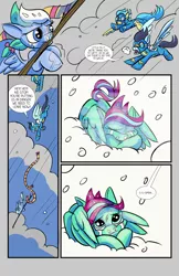 Size: 6600x10200 | Tagged: safe, artist:lytlethelemur, derpibooru import, soarin', oc, oc:gimbal lock, oc:rally point, pegasus, pony, comic:fly with me, littlepartycomics, absurd resolution, adventure, clothes, comic, crying, cute, scarf, snow, tree branch, wildabeard