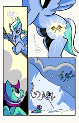 Size: 6600x10200 | Tagged: safe, artist:lytlethelemur, derpibooru import, soarin', oc, oc:gimbal lock, oc:rally point, pegasus, pony, comic:fly with me, littlepartycomics, absurd resolution, adventure, clothes, comic, cute, scarf, snow, tree branch, wildabeard