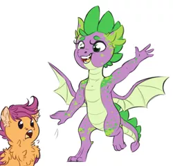 Size: 3223x3093 | Tagged: safe, artist:schokocream, derpibooru import, scootaloo, spike, dragon, pegasus, pony, molt down, armpits, chest fluff, female, filly, scootaloo can't fly, simple background, white background, winged spike, wings