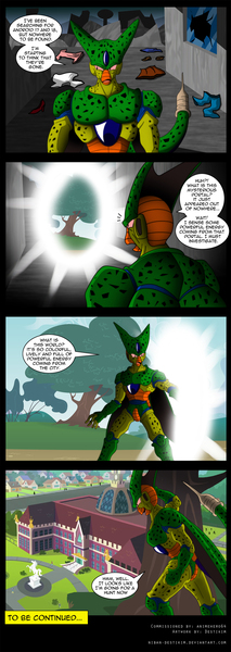 Size: 800x2254 | Tagged: semi-grimdark, artist:niban-destikim, derpibooru import, comic:cell the hunter, equestria girls, canterlot high, cell (dbz), clothes, comic, crossover, dragon ball z, imperfect cell, portal, this will end in octavia, to be continued