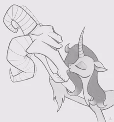 Size: 1035x1110 | Tagged: safe, artist:lockerobster, derpibooru import, fhtng th§ ¿nsp§kbl, oleander (tfh), demon, unicorn, them's fightin' herds, community related, curved horn, female, fredeander, gray background, grayscale, horn, kissing, male, mare, monochrome, shipping, simple background, straight, traditional art, unshorn fetlocks