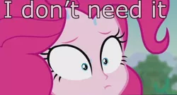 Size: 1350x730 | Tagged: safe, deleted from derpibooru, derpibooru import, edit, edited screencap, screencap, pinkie pie, equestria girls, equestria girls series, friendship math, blatant lies, caption, cropped, dialogue, i don't need it, image macro, meme, shrunken pupils, spongebob squarepants, sweat, tea at the treedome, text
