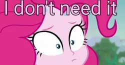 Size: 3683x1920 | Tagged: safe, derpibooru import, edit, edited screencap, screencap, pinkie pie, equestria girls, equestria girls series, friendship math, blatant lies, caption, cropped, dialogue, i don't need it, image macro, meme, shrunken pupils, spongebob squarepants, sweat, tea at the treedome, text