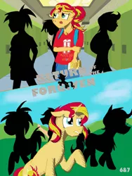 Size: 1536x2048 | Tagged: safe, artist:sixes&sevens, derpibooru import, sunset shimmer, human, pony, unicorn, fanfic, equestria girls, backpack, book, canterlot high, fanfic art, fanfic cover, lockers, silhouette