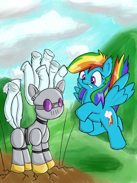 Size: 4572x6096 | Tagged: safe, artist:greenfinger, derpibooru import, rainbow dash, oc, oc:turing test, pegasus, pony, robot, robot pony, fanfic, fanfic:the iron horse: everything's better with robots, absurd resolution, cloud, fanfic art, flying