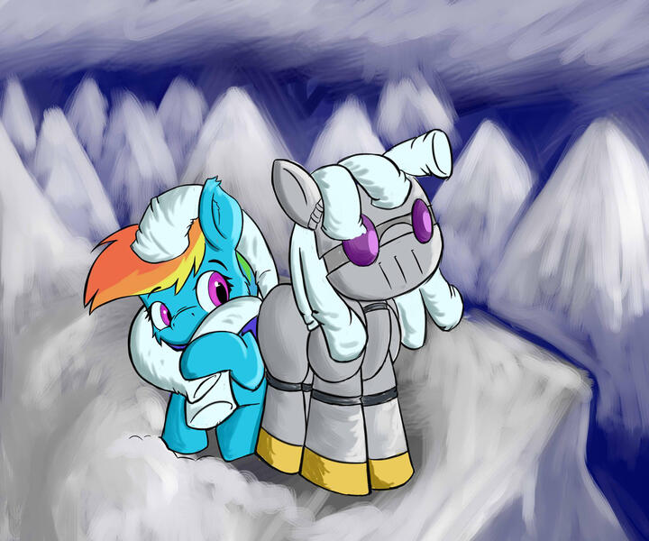 Size: 2048x1706 | Tagged: safe, artist:greenfinger, derpibooru import, rainbow dash, oc, oc:turing test, pegasus, pony, robot, robot pony, fanfic, fanfic:the iron horse: everything's better with robots, fanfic art, looking up, mountain