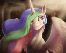 Size: 800x654 | Tagged: safe, artist:starblaze25, artist:theshadowscale, derpibooru import, princess celestia, alicorn, pony, animated, bust, cheek fluff, chest fluff, cinemagraph, cute, cutelestia, dust motes, ear fluff, female, fluffy, grin, hair over one eye, lidded eyes, looking back, mare, missing accessory, neck fluff, portrait, sideways glance, sitting, smiling, solo, sparkles, spread wings, wing fluff, wings