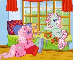 Size: 704x576 | Tagged: safe, derpibooru import, minty, pinkie pie (g3), pony, clothes, g3, horses doing human things, pillow, socks