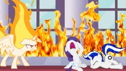 Size: 1024x576 | Tagged: safe, artist:justinmella777, derpibooru import, rarity, twilight sparkle, twilight sparkle (alicorn), ponified, alicorn, pony, crying, fanfic in the description, fire, portal (valve), rapidash twilight, the worst possible thing, wheatley