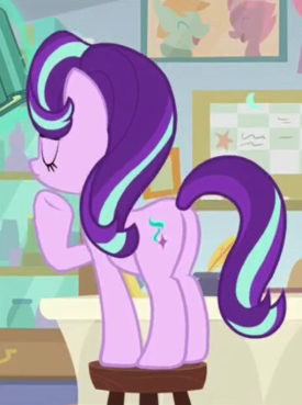 Size: 275x369 | Tagged: safe, derpibooru import, screencap, starlight glimmer, pony, unicorn, marks for effort, book, butt, cropped, eyes closed, female, mare, plot, raised hoof, solo, starlight's office, stool, underhoof