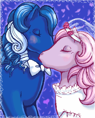 Size: 320x400 | Tagged: safe, artist:hollowzero, derpibooru import, satin 'n lace, tux 'n tails, earth pony, bowtie, clothes, dress, earth pony only, eyes closed, female, g1, kissing, male, marriage, pink mane, straight, two toned mane, wedding