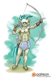 Size: 1002x1500 | Tagged: abs, aiming, anthro, archer, armpits, arrow, artist:smudge proof, belly button, bow and arrow, bow (weapon), classical hippogriff, derpibooru import, featureless chest, hippogriff, loincloth, muscles, patreon, patreon logo, plantigrade anthro, reward, safe, simple background, solo, surf and/or turf, terramar, transparent background, weapon