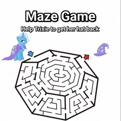 Size: 1758x1758 | Tagged: safe, derpibooru import, trixie, pony, unicorn, arrow, cape, clothes, female, game, hat, mare, maze, maze game, meme, simple background, solo, text, trixie's cape, trixie's hat, white background