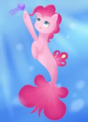 Size: 1024x1422 | Tagged: artist:zoxriver503, derpibooru import, female, jellyfish, pinkie pie, safe, seaponified, seapony (g4), seapony pinkie pie, species swap, this will end in death, this will end in tears, this will end in tears and/or death, underwater