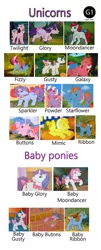 Size: 1280x3154 | Tagged: safe, artist:katarakta4, derpibooru import, baby buttons, baby glory, baby gusty, baby moondancer, baby ribbon, buttons (g1), fizzy, galaxy (g1), glory, gusty, mimic (g1), moondancer (g1), powder, ribbon (g1), sparkler (g1), starflower, twilight sparkle, pony, twinkle eyed pony, unicorn, baby, baby ponies, baby pony, bow, chart, g1, tail bow