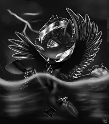 Size: 1024x1159 | Tagged: grimdark, artist:astarlitstudios, derpibooru import, oc, oc:starlit nightcast, alicorn, bird, raven (bird), unicorn, monochrome