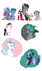 Size: 1500x2508 | Tagged: safe, artist:pikokko, derpibooru import, oc, oc:chitin/morgenstern, oc:jade, oc:l'amour, oc:princess nebula, oc:riddle, unofficial characters only, changepony, draconequus, dracony, dragon, hybrid, pegasus, pony, armor, baby, bust, disguise, disguised changeling, draconequus oc, female, glasses, horns, interspecies offspring, magical lesbian spawn, male, mare, offspring, parent:discord, parent:king sombra, parent:lord tirek, parent:princess cadance, parent:princess celestia, parent:princess luna, parent:queen chrysalis, parent:shining armor, parent:spike, parent:twilight sparkle, parents:celestibra, parents:celestirek, parents:chryslestia, parents:dislestia, parents:lunacord, parents:shining chrysalis, parents:somdance, parents:twispike, simple background, stallion, white background