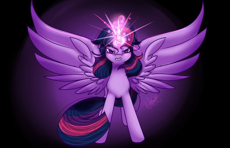 Size: 1024x659 | Tagged: safe, artist:fleetyarrowdraw, derpibooru import, twilight sparkle, twilight sparkle (alicorn), alicorn, pony, angry, glowing horn, gritted teeth, horn, magic, solo, spread wings, wings