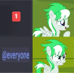Size: 872x860 | Tagged: safe, artist:cyanlightning, derpibooru import, oc, oc:emerald lightning, pegasus, pony, @everyone, angry, discord (program), female, filly, meme, open mouth, reaction image, smiling, solo