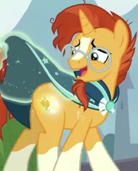 Size: 846x1054 | Tagged: booty call, cloak, clothes, cropped, derpibooru import, glasses, glowing cutie mark, look at my ass, magic, robe, safe, screencap, sunburst, sunburst's glasses, sunburst's robe, the parent map