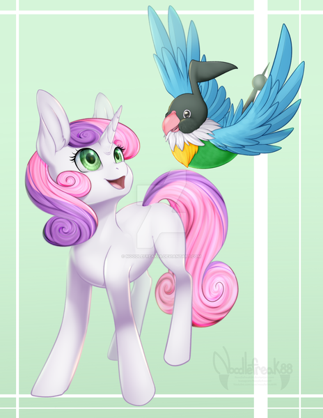 Size: 1024x1325 | Tagged: safe, artist:noodlefreak88, derpibooru import, sweetie belle, pony, unicorn, chatot, crossover, female, filly, pokémon, smiling, watermark