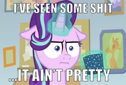 Size: 916x623 | Tagged: safe, derpibooru import, edit, edited screencap, screencap, starlight glimmer, unicorn, marks for effort, :i, caption, dialogue, empathy cocoa, floppy ears, i mean i see, i've seen some shit, image macro, meme, solo, text, vulgar