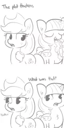 Size: 1650x3300 | Tagged: safe, artist:tjpones, derpibooru import, applejack, twilight sparkle, twilight sparkle (alicorn), alicorn, earth pony, pony, applejack's hat, chest fluff, cowboy hat, deadpan snarker, duo, duo female, eating, female, food, french fries, grayscale, hat, hay fries, mare, monochrome, simple background, sketch, stetson, the plot thickens, this will end in weight gain, white background