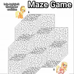 Size: 1773x1773 | Tagged: safe, artist:mlpartblossom, derpibooru import, applejack, earth pony, pony, leak, spoiler:g5, applejack (g5), applejack's hat, blaze (coat marking), braid, braided tail, cowboy hat, flower, flower in hair, flower in tail, g5, game, hat, maze, maze game, meme, raised hoof, simple background, socks (coat marking), text, unshorn fetlocks, white background