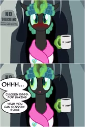 Size: 3320x4958 | Tagged: safe, artist:badumsquish, derpibooru import, queen chrysalis, changeling, changeling queen, :<, alternate hairstyle, awkward, bathrobe, bbbff, blushing, cave, changeling hive, clothes, coffee, coffee mug, cute, cutealis, dialogue, embarrassed, fangs, female, hair curlers, implied princess cadance, implied shining armor, levitation, looking at you, magic, misunderstanding, mommy chrissy, mug, offscreen character, pov, robe, sign, solo, talking to viewer, telekinesis