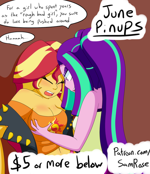 Size: 1280x1480 | Tagged: suggestive, artist:jake heritagu, artist:little-tweenframes, derpibooru import, aria blaze, sunset shimmer, comic:aria's archives, series:sciset diary, equestria girls, equestria girls series, rainbow rocks, advertisement, blushing, breast fondling, breast grab, breasts, clothes, female, grope, lesbian, shipping, sunblaze