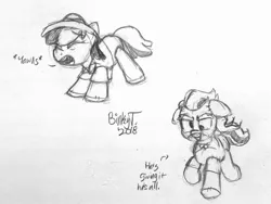 Size: 2442x1832 | Tagged: safe, artist:binkyt11, derpibooru import, daring do, doctor caballeron, pony, stranger than fan fiction, derp, female, googly eyes, he's trying his best, male, mare, monochrome, plushie, speech bubble, stallion, stretching, tired, traditional art, trotting, yawn