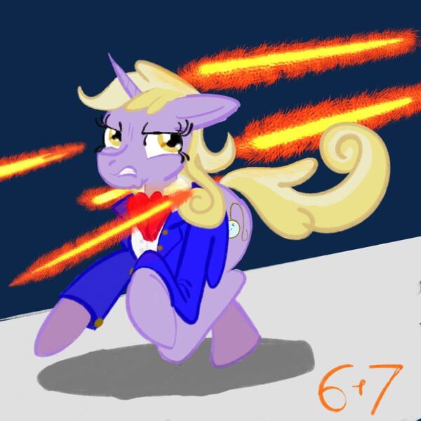 Size: 750x750 | Tagged: safe, artist:sixes&sevens, derpibooru import, dinky hooves, unicorn, ascot, clothes, female, jacket, laser, older, running, solo