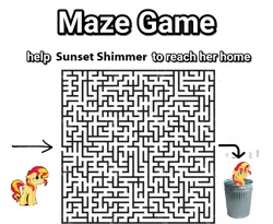 Size: 1249x1024 | Tagged: abuse, background pony strikes again, derpibooru import, downvote bait, maze game, meme, op isn't even trying anymore, safe, shimmerbuse, sunset shimmer, sunset shimmer's trash can, text, trash can