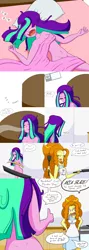 Size: 2000x5600 | Tagged: suggestive, artist:jake heritagu, derpibooru import, adagio dazzle, aria blaze, comic:aria's archives, equestria girls, apron, bed, blanket, breakfast, breasts, casual nudity, clothed female nude female, clothes, comic, duo, duo female, female, food, frying pan, mamadagio, motherly, nudity, pancakes, pillow, sleeping, sleeping in the nude, strategically covered, waking up