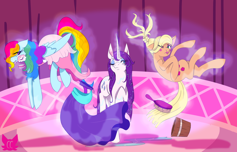Size: 1024x658 | Tagged: safe, artist:cckittycreative, derpibooru import, applejack, rainbow dash, rarity, and then there's rarity, applejack also dresses in style, blushing, braiding, brush, bucket, clothes, dress, forced makeover, hairbrush, levitation, lipstick, magic, makeover, makeup, one eye closed, punishment, rainbow dash always dresses in style, telekinesis, tomboy taming, tongue out, wet, wet mane, wet mane rarity