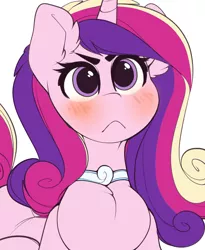 Size: 2072x2527 | Tagged: safe, artist:kribbles, derpibooru import, princess cadance, alicorn, pony, :<, blushing, bust, cadance is not amused, chest fluff, choker, cute, cutedance, female, frown, hnnng, horn, serious, serious face, simple background, unamused, white background