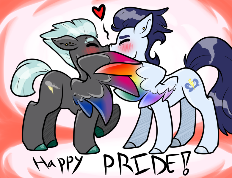 Size: 6500x5000 | Tagged: safe, artist:heyerika, derpibooru import, soarin', thunderlane, pegasus, pony, absurd resolution, bisexual pride flag, bisexuality, colored hooves, colored wings, colored wingtips, dyed feathers, gay, gay pride, heart, kissing, male, multicolored wings, pride, pride flag, pride month, shipping, soarilane, stallion, wings