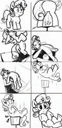 Size: 1500x3074 | Tagged: abuse, anonymous artist, bucket, butt, comic, comic:rarity's secret machine, confused, derpibooru import, falling, lie detector, machine, monochrome, plot, restrained, safe, solo, stuck, sweetie belle, sweetiebuse, the practical pig