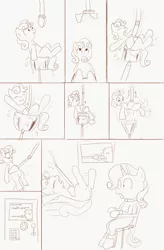Size: 2064x3150 | Tagged: angry, artist:rusticanon, bondage, bondage furniture, bucket, comic, comic:rarity's secret machine, derpibooru import, imminent cunnilingus, imminent foalcon, lie detector, machine, monochrome, mouth soaping, rarity, restrained, stuck, suggestive, sweetie belle, the practical pig, this will not end well, wet