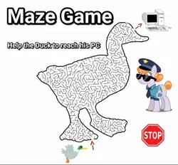 Size: 1336x1242 | Tagged: arrow, bird, computer, copper top, derpibooru import, duck, edit, game, maze, maze game, meme, police, police officer, police uniform, safe, simple background, stop sign, text, white background