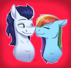 Size: 4708x4530 | Tagged: safe, artist:ggchristian, derpibooru import, rainbow dash, soarin', pony, absurd resolution, bust, duo, female, male, mare, nuzzling, portrait, red background, shipping, simple background, soarindash, stallion, straight