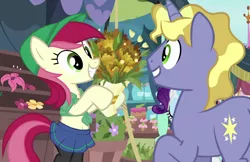 Size: 1334x864 | Tagged: safe, derpibooru import, edit, edited screencap, editor:/d/non, screencap, rarity, roseluck, pony, it isn't the mane thing about you, clothes, clothes edit, cute, flower, hat, midriff, pantyhose, pleated skirt, skirt, tanktop