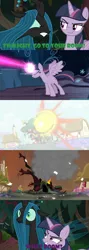 Size: 1280x3600 | Tagged: safe, derpibooru import, edit, edited screencap, screencap, mean twilight sparkle, queen chrysalis, alicorn, changeling, changeling queen, pony, the mean 6, twilight's kingdom, caption, clone, comic, duo, female, golden oaks library, image macro, mare, meme, screencap comic, smug, smuglight sparkle, text, the fairly oddparents, voice actor joke