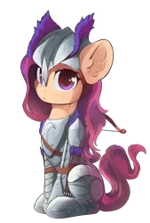 Size: 1150x1700 | Tagged: safe, artist:freeedon, derpibooru import, oc, oc:lizy, unofficial characters only, pony, armor, arrow, arrows, bow (weapon), commission, female, helmet, looking at you, mare, simple background, sitting, solo, transparent background